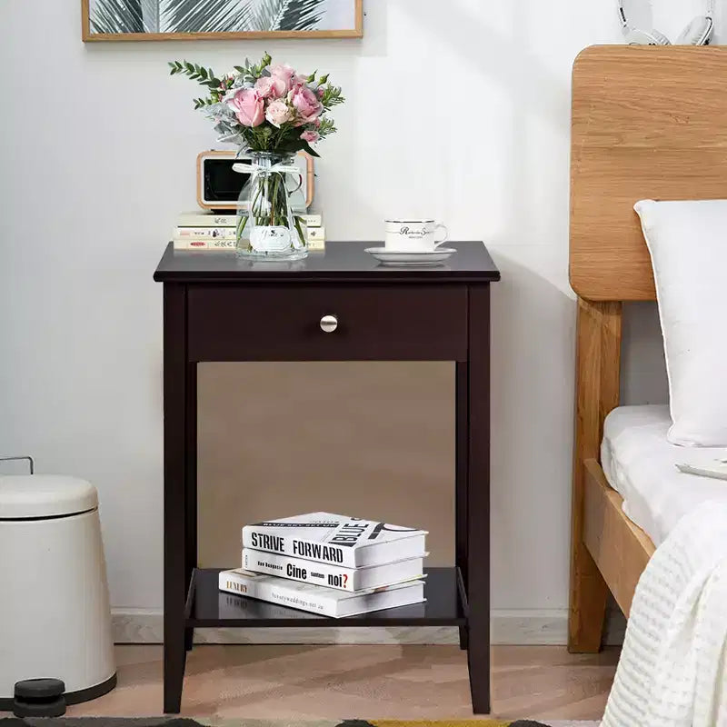 Comodino con cassetto e ripiano, marrone/grigio/bianco, per 1 persona