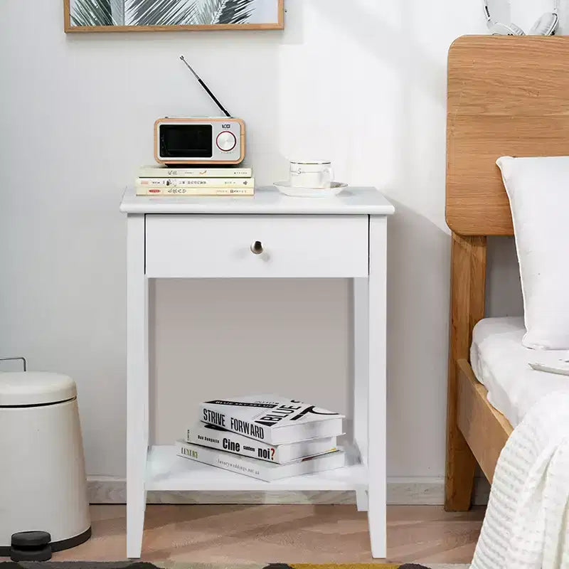 Comodino con cassetto e ripiano, marrone/grigio/bianco, per 1 persona