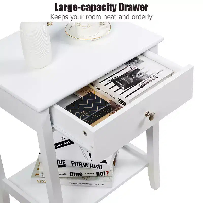 Comodino con cassetto e ripiano, marrone/grigio/bianco, per 1 persona