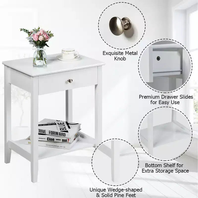 Comodino con cassetto e ripiano, marrone/grigio/bianco, per 1 persona