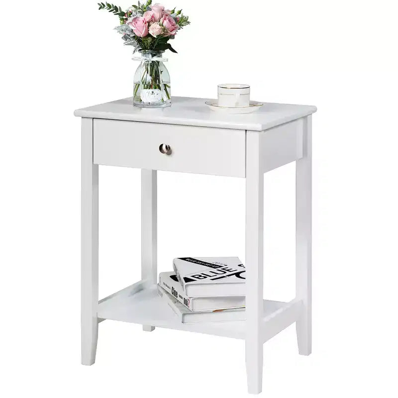 Comodino con cassetto e ripiano, marrone/grigio/bianco, per 1 persona