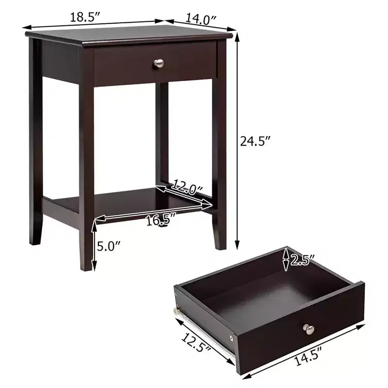Comodino con cassetto e ripiano, marrone/grigio/bianco, per 1 persona