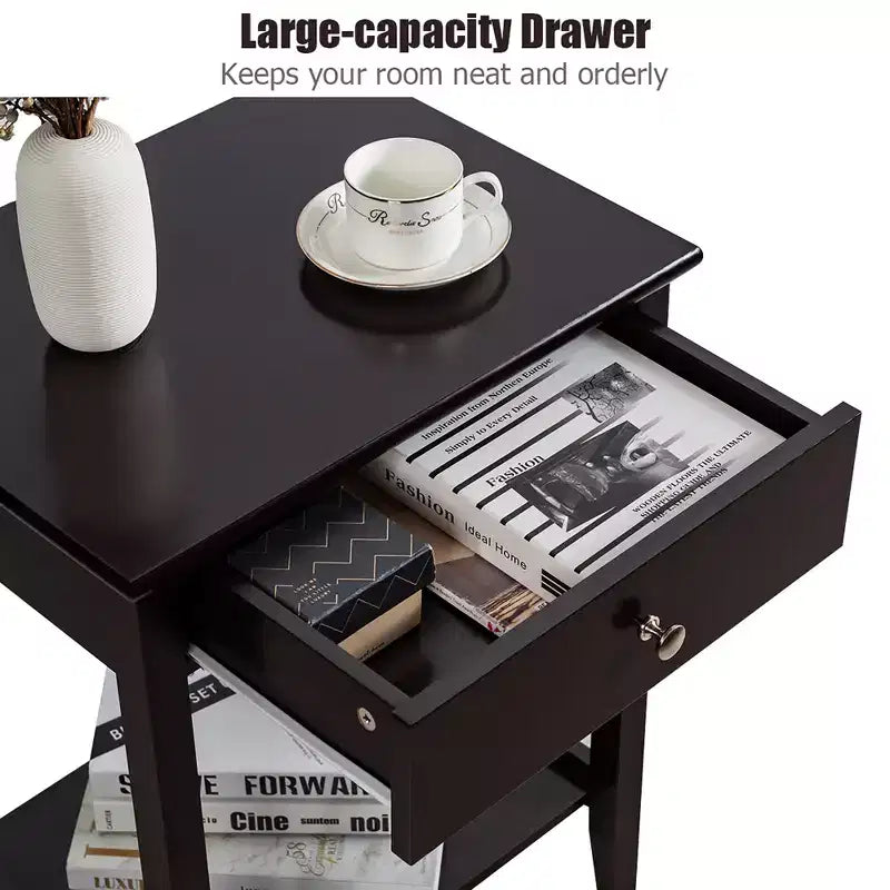 Comodino con cassetto e ripiano, marrone/grigio/bianco, per 1 persona