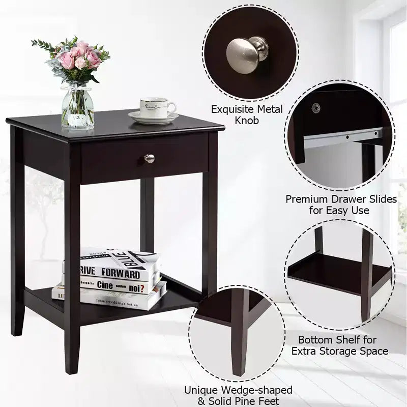 Comodino con cassetto e ripiano, marrone/grigio/bianco, per 1 persona