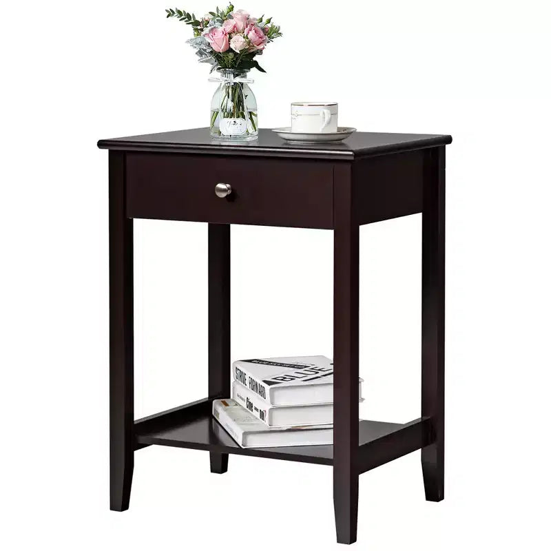 Comodino con cassetto e ripiano, marrone/grigio/bianco, per 1 persona