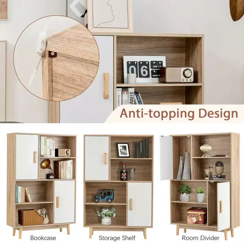 Mobiletto contenitore a 4 ripiani con 2 ante e ripiani aperti, nero / espresso / bianco, per adulti