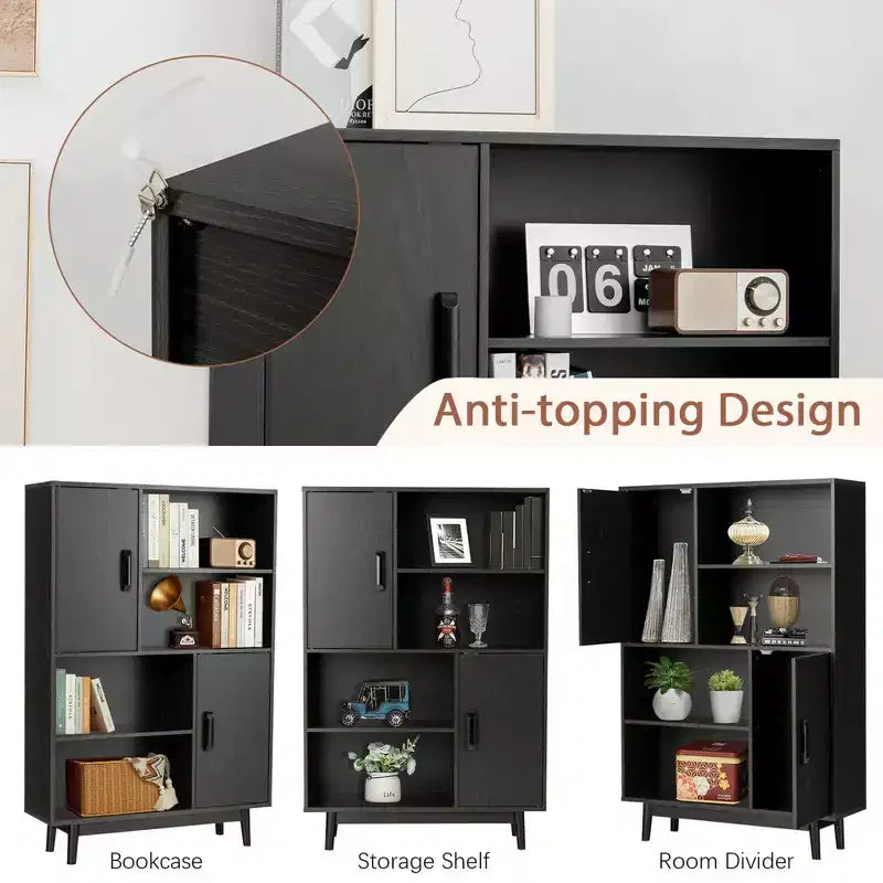 Mobiletto contenitore a 4 ripiani con 2 ante e ripiani aperti, nero / espresso / bianco, per adulti