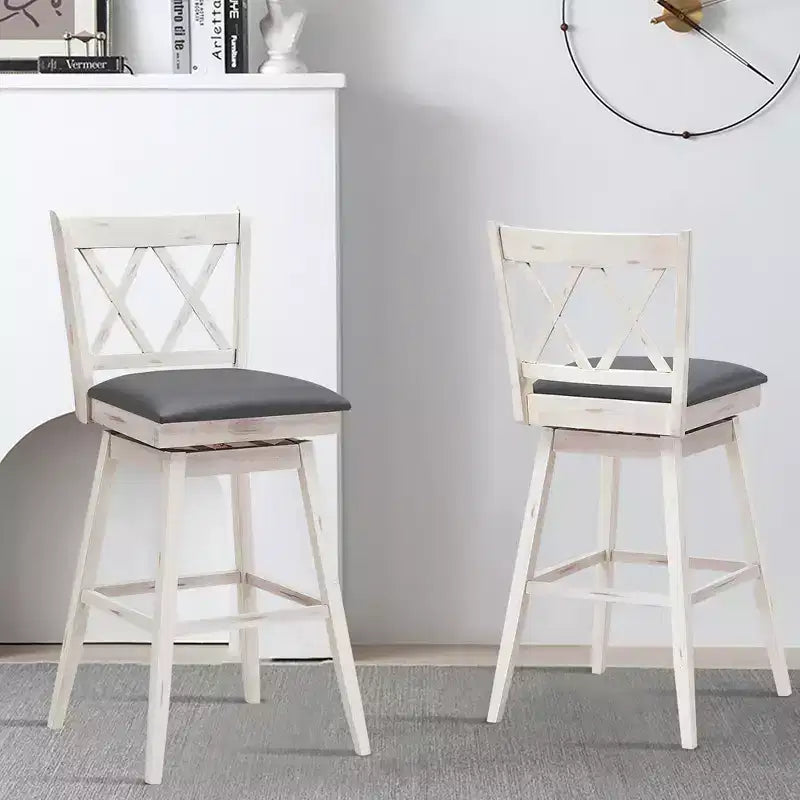 Sgabelli da Bar Girevoli con Gambe in Legno di Gomma, Senza Braccioli Schienale Medio, Bianco Antico/Nero, Set da 2/4